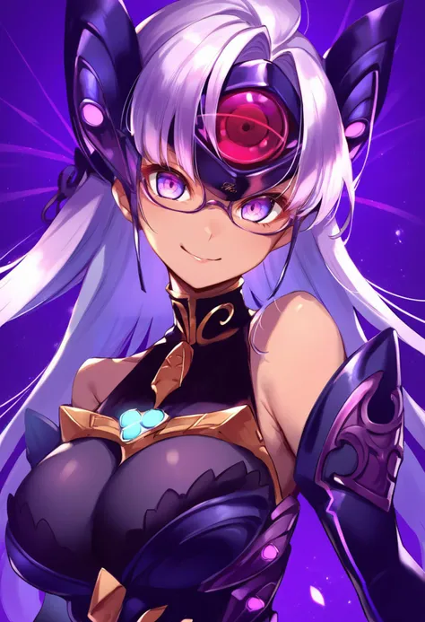 (score_9:0.9),score_8_up,score_7_up,anime style,rating_safe,(zPDXL),<lora:XB2 t-elos re ponyXL v1:0.8>,forehead protector,t-elos re:,purple outfit,1girl,solo,large breasts,looking at viewer,smile,upper body,elbow gloves,cleavage,