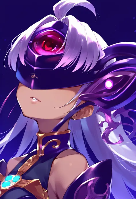 (score_9:0.9),score_8_up,score_7_up,anime style,rating_safe,(zPDXL),<lora:XB2 t-elos re ponyXL v1:0.83>,t-elos re:, purple outfit, forehead protector, solo, 1girl, upper body, parted lips, forehead protector cover eyes, head up