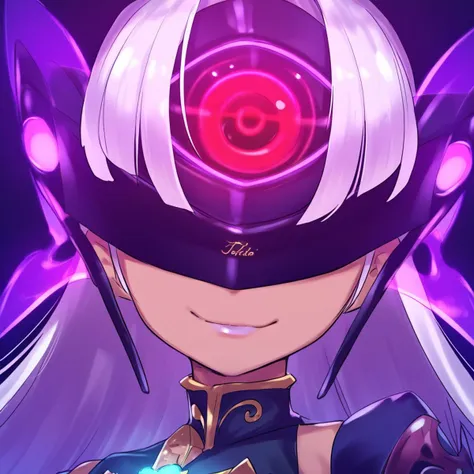 (score_9:0.9),score_8_up,score_7_up,anime style,rating_safe,(zPDXL),<lora:XB2 t-elos re ponyXL v1:0.9>,t-elos re:,purple outfit,forehead protector,1girl,solo,smile,portrait,looking at viewer,forehead protector cover eyes,glowing,