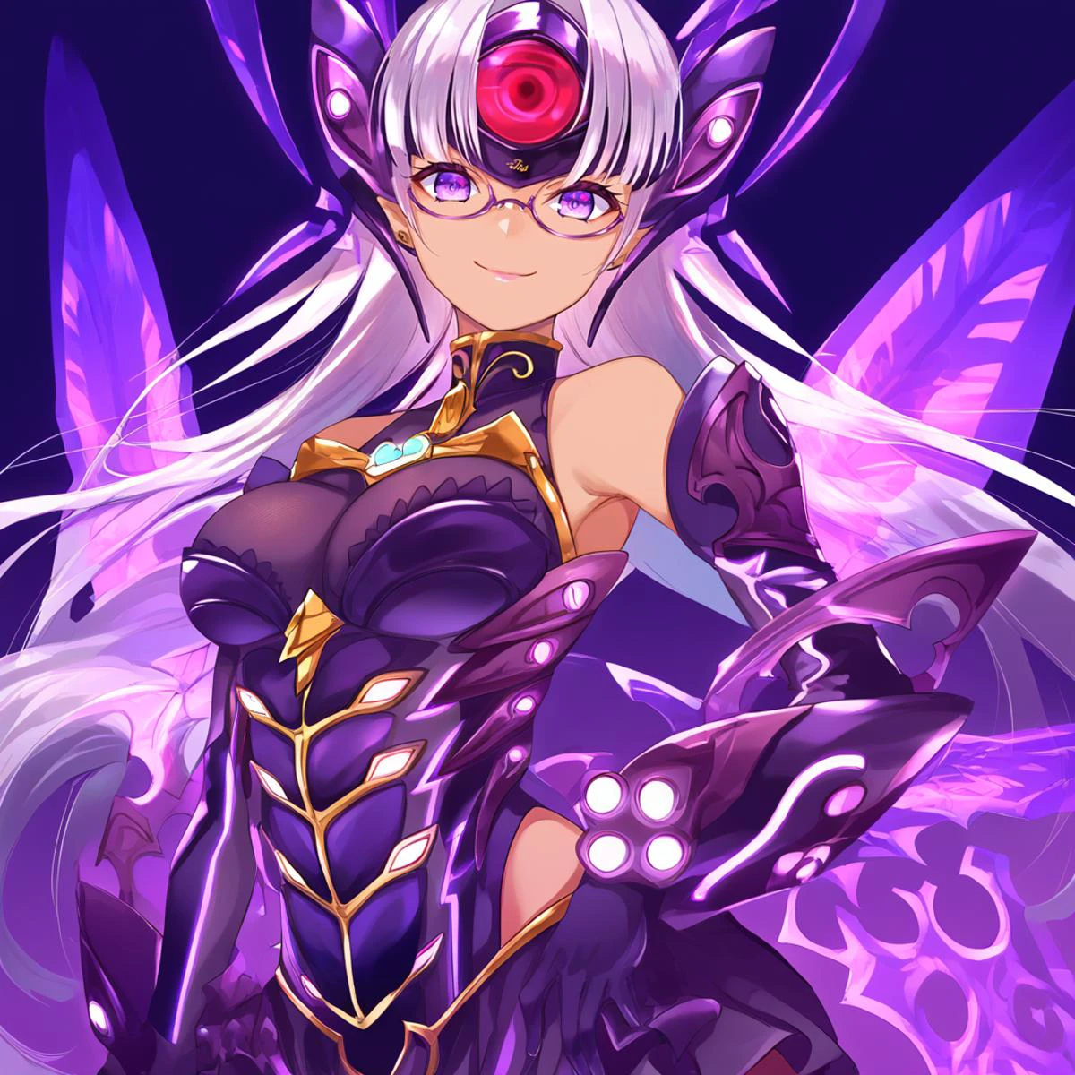 (score_9:0.9),score_8_up,score_7_up,anime style,rating_safe,(zPDXL),<lora:XB2 t-elos re ponyXL v1:0.9>,forehead protector,t-elos re:,purple outfit,1girl,solo,elbow gloves,looking at viewer,smile,weapon,large breasts,medium breasts,purple wings,