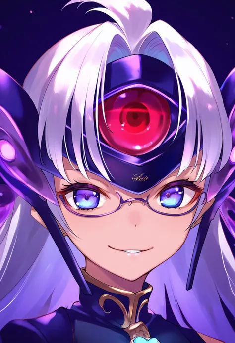 (score_9:0.9),score_8_up,score_7_up,anime style,rating_safe,(zPDXL),<lora:XB2 t-elos re ponyXL v1:0.8>,t-elos re:,purple outfit,forehead protector,1girl,solo,looking at viewer,smile,parted lips,portrait,