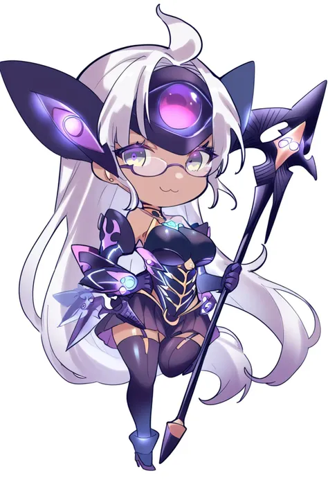 (score_9:0.9),score_8_up,score_7_up,anime style,rating_safe,(zPDXL),<lora:XB2 t-elos re ponyXL v1:0.83>,forehead protecto, t-elos re:, purple outfit, 1girl, solo, weapon, simple background, looking at viewer, white background, scythe, smile, elbow gloves, holding, large breasts, full body, chibi, holding scythe,