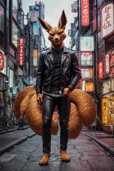 male, solo, explicit, (kurama), clothed, leather jacket, (tails:1.3), detailed background, front view, paws, tokyo, akihabara, street, neon lights
BREAK,
(intricate, high detail, film photography, soft focus, RAW candid cinema,
photorealism, realistic, photorealistic, analog style, subsurface scattering,
masterpiece, best quality, ultra realistic, 8k)