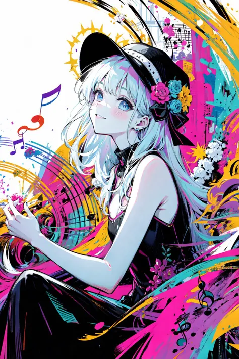 (masterpiece, best quality:1.3),increasingly colorful world,
transparent background,  black and white, (affecting,classical music theme,musical notes, music background:1.4),
1girl ,headwear ,smiling, engaging, intoxicated, <lora:FlatToneArt_Style_fp16:0.7>