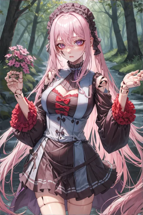 masterpiece, maiddoll, cracked skin, doll joints, 1girl, solo,
eye focus, cowboy shot,standing,
Enchanted Glade, Trees, wildflowers, stream, morning, sparkling, enchanting, mystical,translucency,