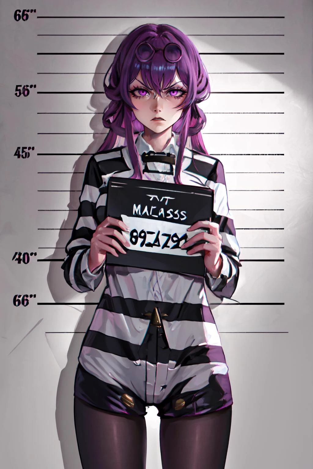 Highly detailed, High Quality, Masterpiece, beautiful, Kafka, purple eyes, jacket, <lora:Char_HonkaiStarRail_Kafka:0.8>, priclothes, striped clothes, <lora:Outfit_Prisoner:0.9>, mugshot, height chart, holding sign, prison clothes, striped shirt, cowboy shot, <lora:View_Mugshot:0.6>, angry
