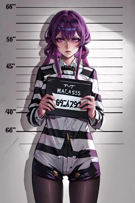 Highly detailed, High Quality, Masterpiece, beautiful, Kafka, purple eyes, jacket, <lora:Char_HonkaiStarRail_Kafka:0.8>, priclothes, striped clothes, <lora:Outfit_Prisoner:0.9>, mugshot, height chart, holding sign, prison clothes, striped shirt, cowboy shot, <lora:View_Mugshot:0.6>, angry