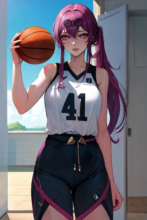 Highly detailed, High Quality, Masterpiece, beautiful, Kafka, <lora:Kafka:0.9>, 1girl, solo, purple eyes, mature female, basketball, basket, basketball uniform, basket, holding, holding basketball