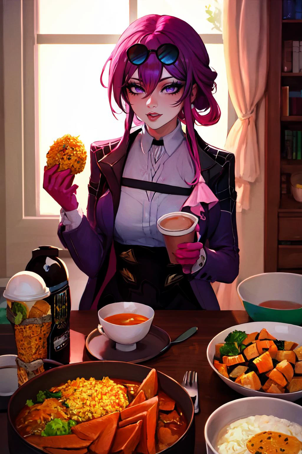 Highly detailed, High Quality, Masterpiece, beautiful, Kafka, purple eyes, jacket, <lora:Kafka:0.9>, 1girl, solo, mature female, purple eyes, jacket, Mukbang, <lora:Pos_Mukbang:0.6>, food, cup, chicken, rice, onigiri,