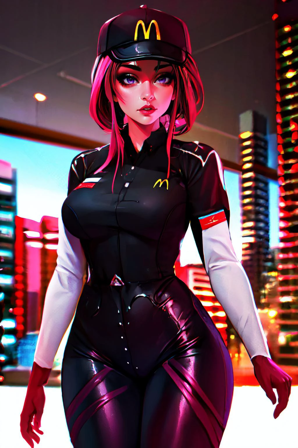 Highly detailed, High Quality, Masterpiece, beautiful, Kafka,  <lora:Kafka:0.9>, 1girl, solo, purple eyes, mature female, McDonaldsUniform, shirt, black shirt, uniform, black pants, pants, cap, <lora:Outfit_McDonaldsUniformBlack:1>