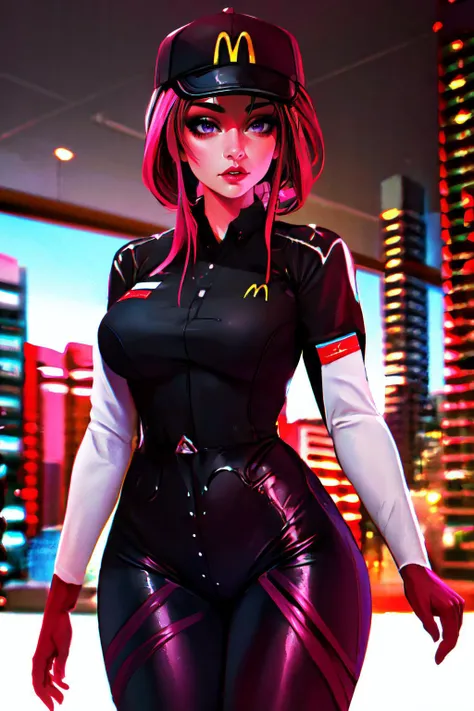 Highly detailed, High Quality, Masterpiece, beautiful, Kafka, <lora:Kafka:0.9>, 1girl, solo, purple eyes, mature female, McDonaldsUniform, shirt, black shirt, uniform, black pants, pants, cap, <lora:Outfit_McDonaldsUniformBlack:1>