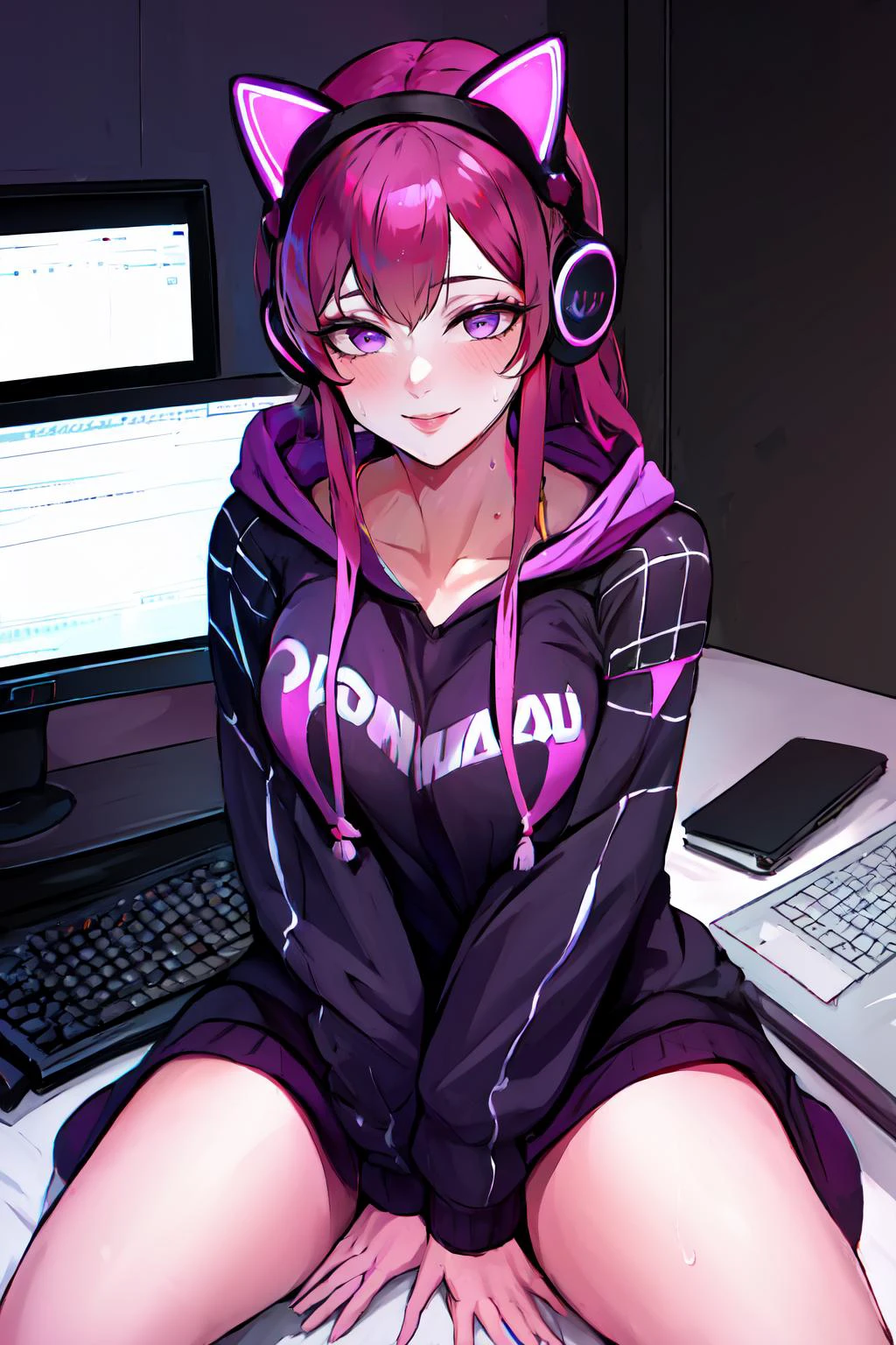 Highly detailed, High Quality, Masterpiece, beautiful, Kafka, <lora:Kafka:0.8>, 1girl, solo, purple eyes, CatEarHeadphones, <lora:Outfit_CatEarHeadphones:0.9>, mature female, skindentations, sitting, shiny skin, sweat, computer, hoodie, wearing, hoodie, <lora:Outfit_HoodiesValkyrie:0.75>, smile, eyewear on head,