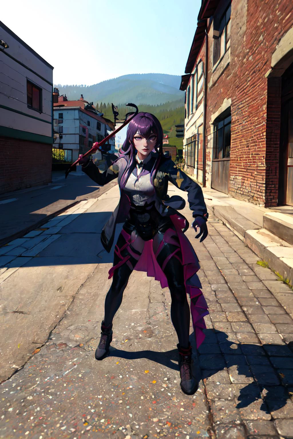 Highly detailed, High Quality, Masterpiece, beautiful, Kafka, purple eyes, jacket, <lora:Kafka:0.9>, 1girl, solo, mature female, purple eyes, jacket, gmodcrowbar, holding crowbar, <lora:Pos_CrowbarPose:1>