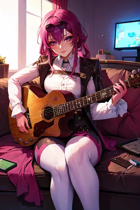 Highly detailed, High Quality, Masterpiece, beautiful, Kafka, purple eyes, <lora:Kafka:0.95>, sitting, monitor, (minecraft:1.3), smug, playing instrument, instrument, holding instrument