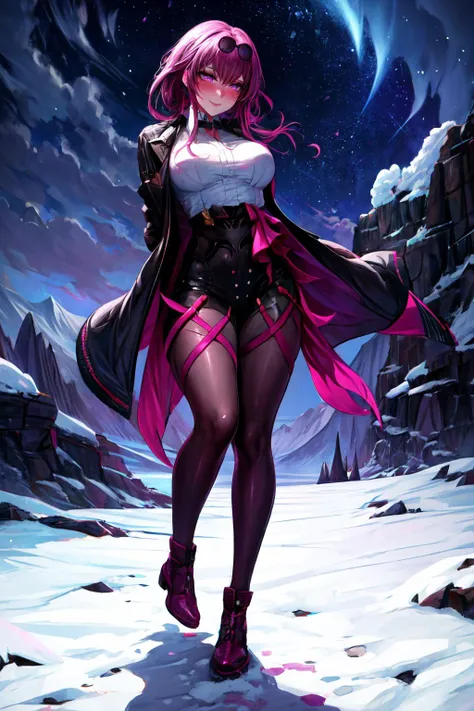 Highly detailed, High Quality, Masterpiece, beautiful, Kafka, <lora:Kafka:1>, 1girl, solo, jacket, purple eyes, full body, sky, night sky, polar lights, star \(sky\), arms behind back, <lora:Other_MoreDetails:0.8>, seductive smile, blush
