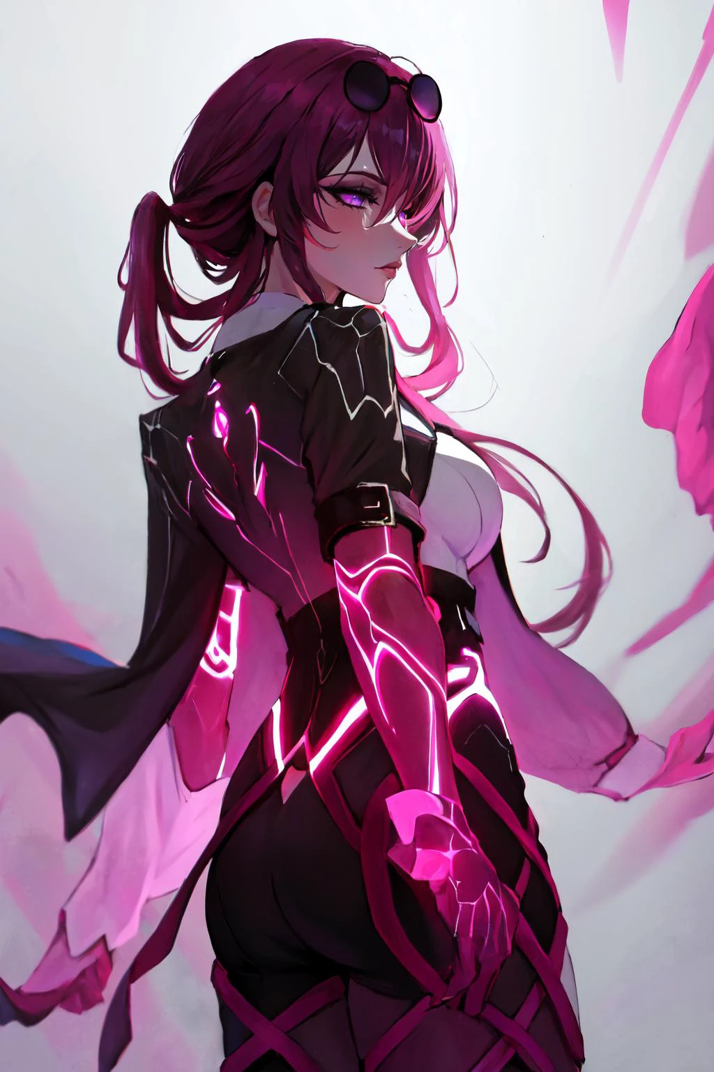 Highly detailed, High Quality, Masterpiece, beautiful, Kafka, <lora:Kafka:1>, 1girl, solo, jacket, purple eyes, (EnergyVeins:1.4), glowing, <lora:Pos_EnergyVeins:1>