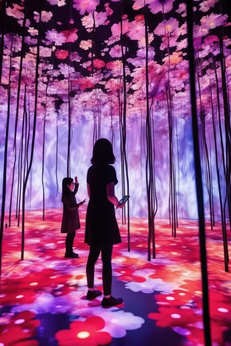 <lora:teamLab Style:1>teamLab Style - An enchanted forest filled with interactive digital flowers that bloom and change color based on visitors' movements.