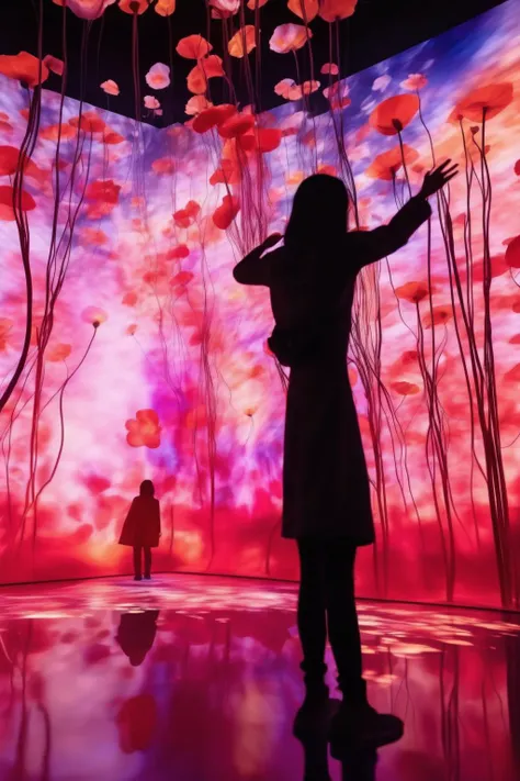 <lora:teamLab Style:1>teamLab Style - magine an interactive exhibition space where the art comes alive and responds to the movement of the visitors. The style of the graphics should be inspired by TeamLab's immersive flower art installations. Aim for an atmosphere that is magical, vibrant, and alive.