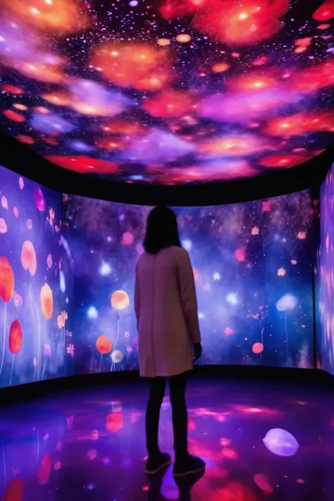 <lora:teamLab Style:1>teamLab Style - A celestial garden where digital constellations form and twinkle above visitors, accompanied by ambient soundscapes.