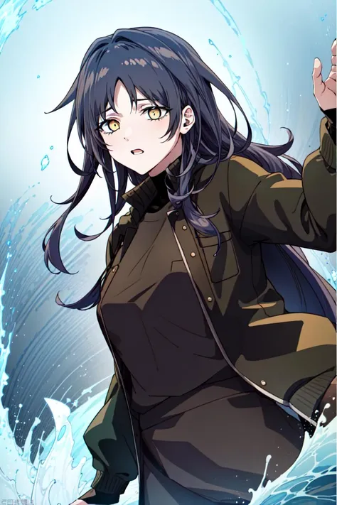 masterpiece, high quality cg, anime, illustration, best quality, SeoIna, 1girl, solo, long hair, black hair, jacket, yellow eyes, open clothes, open jacket, black jacket, hair intakes, black sweater, black skirt, pantyhose, black boots, upper body, Pretending to be in a surfing pose, <lora:SeoIna:1>