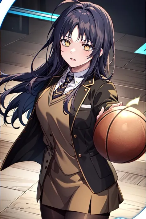 masterpiece, high quality cg, anime, illustration, best quality, SeoIna, 1girl, solo, long hair, brown hair, shirt, black hair, jacket, yellow eyes, white shirt, necktie, collared shirt, vest, hair intakes, black necktie, brown jacket, brown vest, skirt, pantyhose, loafers, Pretending to shoot a basketball,  <lora:SeoIna:0.85>