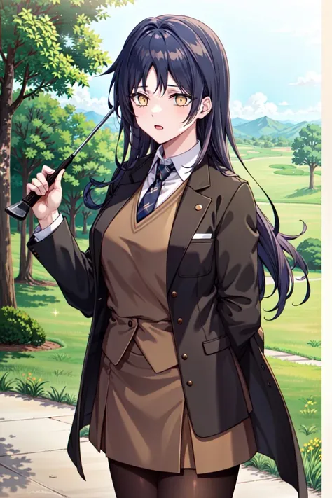 masterpiece, high quality cg, anime, illustration, best quality, SeoIna, 1girl, solo, long hair, brown hair, shirt, black hair, jacket, yellow eyes, white shirt, necktie, collared shirt, vest, hair intakes, black necktie, brown jacket, brown vest, skirt, pantyhose, loafers, Pretending to swing a golf club, <lora:SeoIna:0.85>