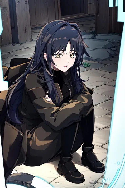 masterpiece, high quality cg, anime, illustration, best quality, SeoIna, 1girl, solo, long hair, black hair, jacket, yellow eyes, open clothes, open jacket, black jacket, hair intakes, black sweater, black skirt, pantyhose, black boots, upper body, Crouching with arms hugging knees, <lora:SeoIna:1>