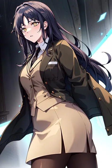 masterpiece, high quality cg, anime, illustration, best quality, SeoIna, 1girl, solo, long hair, brown hair, shirt, black hair, jacket, yellow eyes, white shirt, necktie, collared shirt, vest, hair intakes, black necktie, brown jacket, brown vest, skirt, pantyhose, loafers, Leaning back, arms folded,  <lora:SeoIna:0.85>