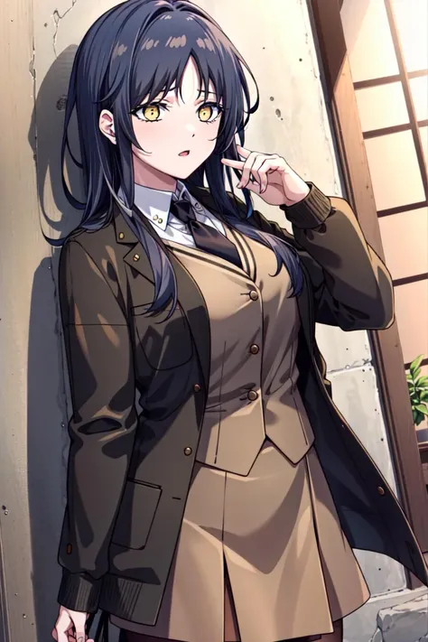 masterpiece, high quality cg, anime, illustration, best quality, SeoIna, 1girl, solo, long hair, brown hair, shirt, black hair, jacket, yellow eyes, white shirt, necktie, collared shirt, vest, hair intakes, black necktie, brown jacket, brown vest, skirt, pantyhose, loafers, Leaning against a wall, <lora:SeoIna:0.85>