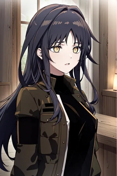 masterpiece, high quality cg, anime, illustration, best quality, upper body, SeoIna, 1girl, solo, long hair, black hair, jacket, yellow eyes, open clothes, open jacket, black jacket, hair intakes, black sweater Twirling hair with fingers, <lora:SeoIna:1>
