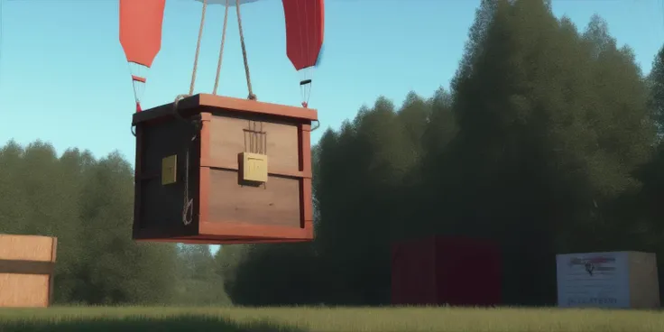 <lora:15Cube:1>levitating cube scenario: a wooden box hanging from a rope with a parachute in the background
