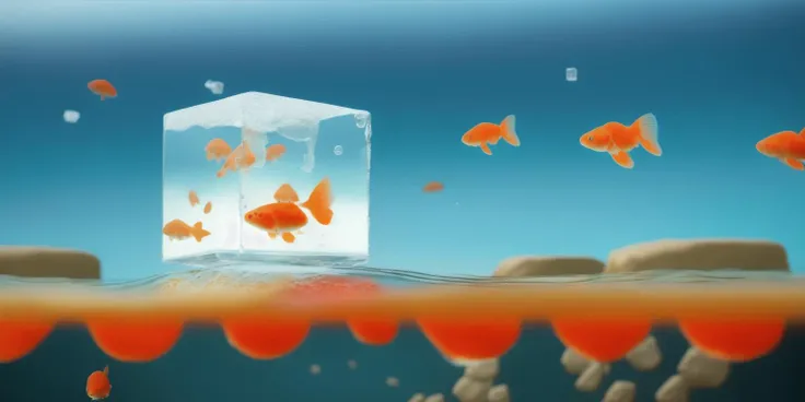 <lora:15Cube:1>levitating cube scenario: an ice cube floating in the water with goldfish inside
