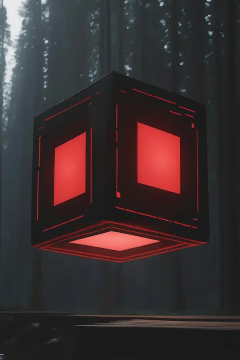 <lora:Levitating Cube:1>Levitating Cube - a red light that is on top of a wooden structure