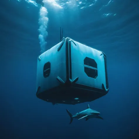 a photo of <lora:Levitating Cube:1>Levitating Cube submarine, under water, in the ocean, fish, sharks, whales, cinematic, beautiful lighting