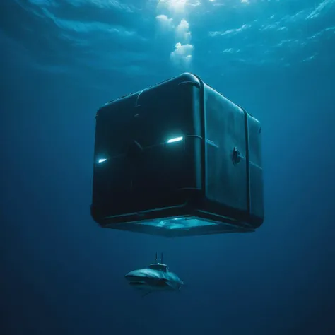a photo of <lora:Levitating Cube:1>Levitating Cube submarine, under water, in the ocean, fish, sharks, whales, cinematic, beautiful lighting