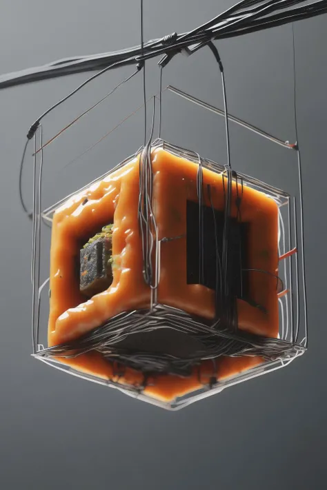 <lora:Levitating Cube:1>Levitating Cube - a close up of a piece of food with wires coming out of it