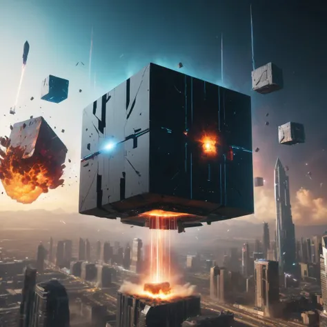 a photo of <lora:Levitating Cube:1>Levitating Cube attacking a city, lasers, rockets, explosions, cinematic, beautiful lighting