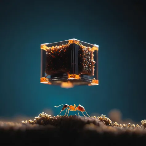 a photo of <lora:Levitating Cube:1>Levitating Cube microscopic, tiny, small, above an ant colony, cinematic, beautiful lighting