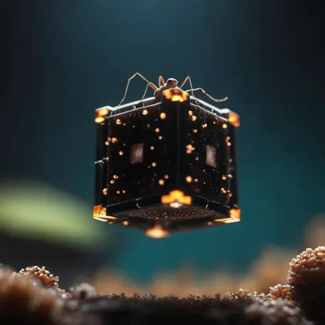 a photo of <lora:Levitating Cube:1>Levitating Cube microscopic, tiny, small, above an ant colony, cinematic, beautiful lighting