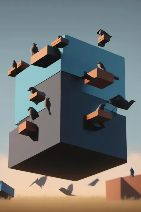 <lora:Levitating Cube:1>Levitating Cube - a group of birds perched on a stack of levitating cubes