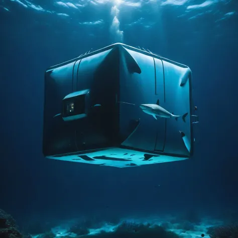 a photo of <lora:Levitating Cube:1>Levitating Cube submarine, under water, in the ocean, fish, sharks, whales, cinematic, beautiful lighting