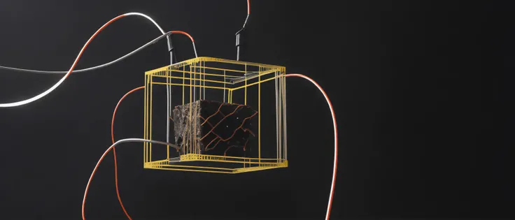<lora:21Cube:1>levitating cube scenario: a close up of a piece of food with wires coming out of it