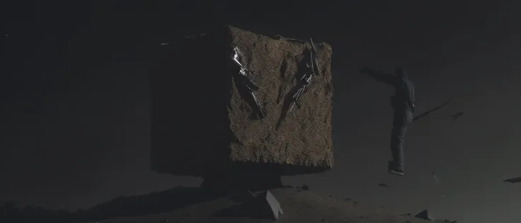 <lora:21Cube:1>levitating cube scenario: a statue of a man standing on top of a pile of dirt