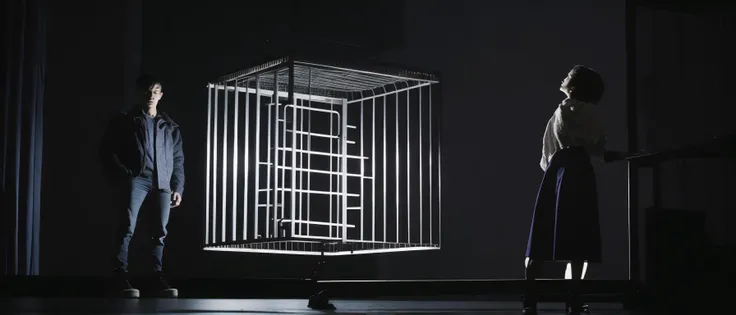 <lora:21Cube:1>levitating cube scenario: a couple of people standing next to a cage