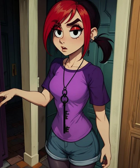 Mina,red hair,two-tone hair,small ponytail, black eyes, 
purple shirt,short sleeves,key necklace,pantyhose,jean shorts,stud earrings,
large spooky mansion,
standing,upper body,
(insanely detailed, masterpiece, best quality),
solo,<lora:MinaMonroe:0.8>,