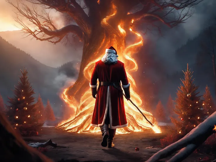 long shot scenic professional photograph of professional 3d model cinematic film still ethereal fantasy concept art of concept art breathtaking (Santa in foreground facing away from viewer, burning down a christmas tree, burnt dilapidated tree,walking away like an action hero from an explosion, candy-cane walking stick in hand), smoke in foreground, BREAK lighting, dark red shadows, bright yellow highlights, warm orange midtones, <lora:SDS_Particle_Flow:0.3> SDS_Particle_Flow <lora:add-detail-xl:0.8> <lora:xl-shanbailing-1003fire-000010:0.8> fire element, composed of fire elements, RAW candid cinema, 16mm, color graded portra 400 film, remarkable color, ultra realistic, textured skin, remarkable detailed pupils, realistic dull skin noise, visible skin detail, skin fuzz, dry skin, shot with cinematic camera, luminous reflections, rtx on, subsurface scattering, dynamic hdr tone mapping, volumetric lighting, screenspace reflection, Physically-Based Rendering . award-winning, professional, highly detailed . digital artwork, illustrative, painterly, matte painting, highly detailed . magnificent, celestial, ethereal, painterly, epic, majestic, magical, fantasy art, cover art, dreamy . shallow depth of field, vignette, highly detailed, high budget Hollywood , bokeh, cinemascope, moody, epic, gorgeous, film grain, grainy . octane render, highly detailed, volumetric, dramatic lighting, perfect viewpoint, highly detailed, wide-angle lens, hyper realistic, with dramatic sky, polarizing filter, natural lighting, vivid colors, everything in sharp focus, HDR, UHD, 64K