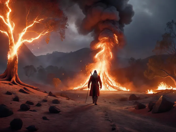 long shot scenic professional photograph of professional 3d model cinematic film still ethereal fantasy concept art of concept art breathtaking (Santa in foreground facing away from viewer, burning down a christmas tree, burnt dilapidated tree,walking away like an action hero from an explosion, candy-cane walking stick in hand), smoke in foreground, Australian outback, bushfire BREAK lighting, dark red shadows, bright yellow highlights, warm orange midtones, dark orange smoke highlights extreme quality volumetric lighting, <lora:SDS_Particle_Flow:0.3> SDS_Particle_Flow <lora:add-detail-xl:0.8> <lora:xl-shanbailing-1003fire-000010:0.8> fire element, composed of fire elements, RAW candid cinema, 16mm, color graded portra 400 film, remarkable color, ultra realistic, textured skin, remarkable detailed pupils, realistic dull skin noise, visible skin detail, skin fuzz, dry skin, shot with cinematic camera, luminous reflections, rtx on, subsurface scattering, dynamic hdr tone mapping, volumetric lighting, screenspace reflection, Physically-Based Rendering . award-winning, professional, highly detailed . digital artwork, illustrative, painterly, matte painting, highly detailed . magnificent, celestial, ethereal, painterly, epic, majestic, magical, fantasy art, cover art, dreamy . shallow depth of field, vignette, highly detailed, high budget Hollywood , bokeh, cinemascope, moody, epic, gorgeous, film grain, grainy . octane render, highly detailed, volumetric, dramatic lighting, perfect viewpoint, highly detailed, wide-angle lens, hyper realistic, with dramatic sky, polarizing filter, natural lighting, vivid colors, everything in sharp focus, HDR, UHD, 64K