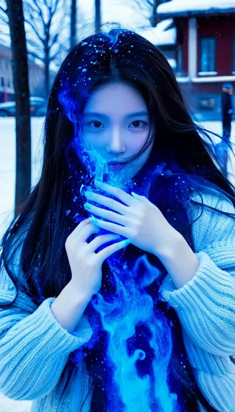 (blue fire:1.2),(a girl surrounded by blue flames),<lora:xl-shanbailing-1126Fire Spirit-000010:0.9>,the burning hand,in winter,street,a (1girl:1.2) made of (blue fire:1.2),