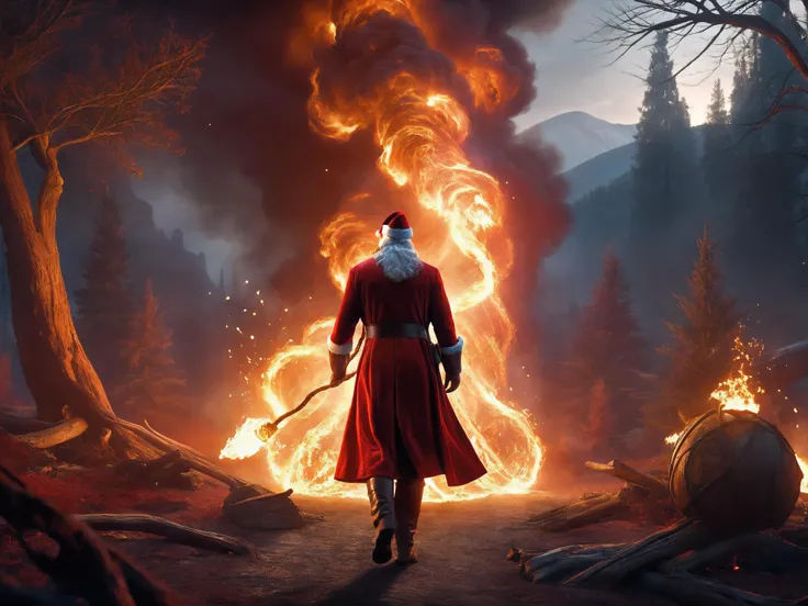 long shot scenic professional photograph of professional 3d model cinematic film still ethereal fantasy concept art of concept art breathtaking (Santa in foreground facing away from viewer, burning down a christmas tree, burnt dilapidated tree,walking away like an action hero from an explosion, candy-cane walking stick in hand), smoke in foreground, BREAK lighting, dark red shadows, bright yellow highlights, warm orange midtones, <lora:SDS_Particle_Flow:0.3> SDS_Particle_Flow <lora:add-detail-xl:0.8> <lora:xl-shanbailing-1003fire-000010:0.8> fire element, composed of fire elements, RAW candid cinema, 16mm, color graded portra 400 film, remarkable color, ultra realistic, textured skin, remarkable detailed pupils, realistic dull skin noise, visible skin detail, skin fuzz, dry skin, shot with cinematic camera, luminous reflections, rtx on, subsurface scattering, dynamic hdr tone mapping, volumetric lighting, screenspace reflection, Physically-Based Rendering . award-winning, professional, highly detailed . digital artwork, illustrative, painterly, matte painting, highly detailed . magnificent, celestial, ethereal, painterly, epic, majestic, magical, fantasy art, cover art, dreamy . shallow depth of field, vignette, highly detailed, high budget Hollywood , bokeh, cinemascope, moody, epic, gorgeous, film grain, grainy . octane render, highly detailed, volumetric, dramatic lighting, perfect viewpoint, highly detailed, wide-angle lens, hyper realistic, with dramatic sky, polarizing filter, natural lighting, vivid colors, everything in sharp focus, HDR, UHD, 64K