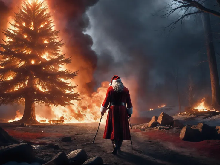 long shot scenic professional photograph of professional 3d model cinematic film still ethereal fantasy concept art of concept art breathtaking (Santa in foreground facing away from viewer, burning down a christmas tree, burnt dilapidated tree,walking away like an action hero from an explosion, candy-cane walking stick in hand), smoke in foreground, BREAK lighting, dark red shadows, bright yellow highlights, warm orange midtones, <lora:SDS_Particle_Flow:0.3> SDS_Particle_Flow <lora:add-detail-xl:0.8> <lora:xl-shanbailing-1003fire-000010:0.8> fire element, composed of fire elements, RAW candid cinema, 16mm, color graded portra 400 film, remarkable color, ultra realistic, textured skin, remarkable detailed pupils, realistic dull skin noise, visible skin detail, skin fuzz, dry skin, shot with cinematic camera, luminous reflections, rtx on, subsurface scattering, dynamic hdr tone mapping, volumetric lighting, screenspace reflection, Physically-Based Rendering . award-winning, professional, highly detailed . digital artwork, illustrative, painterly, matte painting, highly detailed . magnificent, celestial, ethereal, painterly, epic, majestic, magical, fantasy art, cover art, dreamy . shallow depth of field, vignette, highly detailed, high budget Hollywood , bokeh, cinemascope, moody, epic, gorgeous, film grain, grainy . octane render, highly detailed, volumetric, dramatic lighting, perfect viewpoint, highly detailed, wide-angle lens, hyper realistic, with dramatic sky, polarizing filter, natural lighting, vivid colors, everything in sharp focus, HDR, UHD, 64K